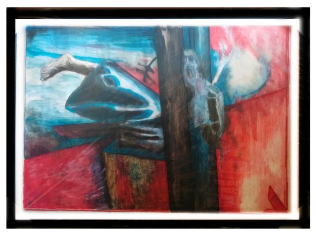 A study after Klaus Vogelsang: a dark trunk splits a red interior from a blue sky, with a bare foot and folded forms caught in the middle.