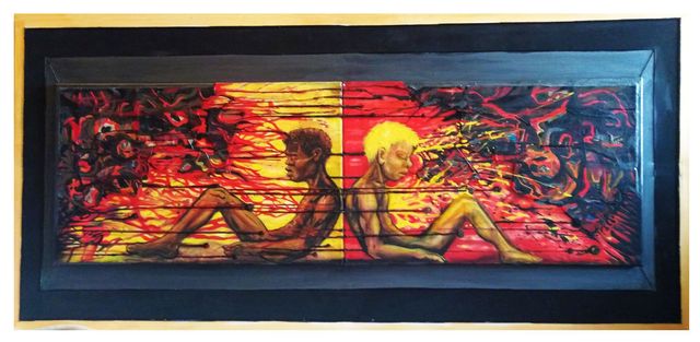 Two seated figures — one dark-skinned, one pale — face each other across a split field of streaming red and yellow, their bodies dissolving into particles at the edges.