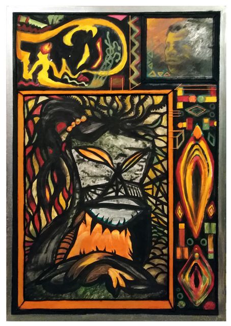 A vivid abstract composition in orange, yellow, red and black: a dark tree-like form over a fiery mound, flanked by geometric side panels and a small portrait inset.
