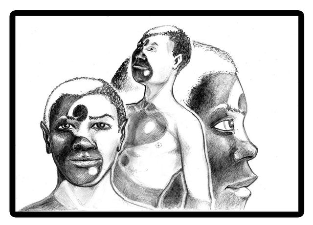 A black-and-white graphite drawing of three overlapping figures: a front-facing head, a small torso looking upward, and a large profile face gazing right.