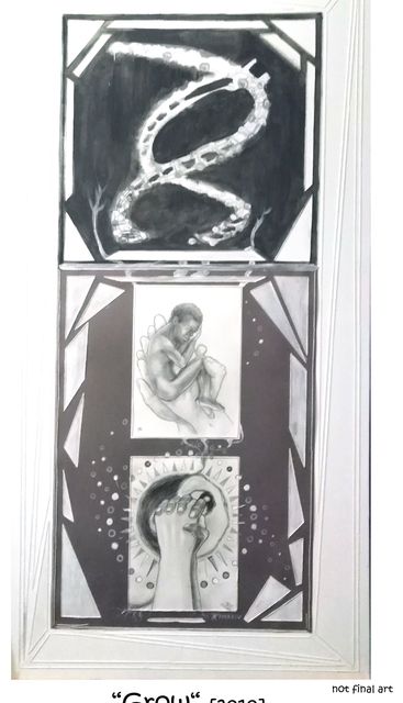 A tall monochrome canvas in two stacked parts: a white DNA-like helix on black above a curled figure cradled in a giant hand.