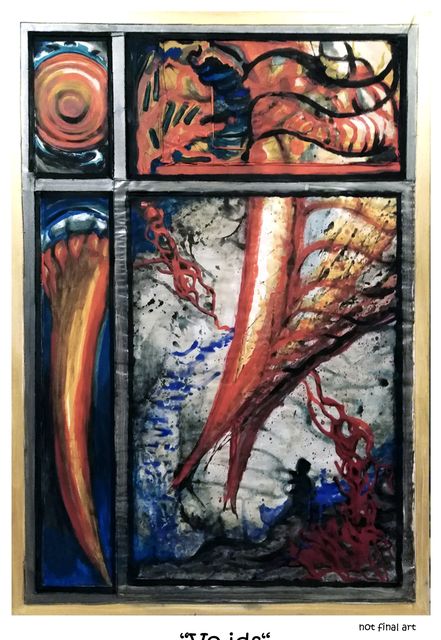 A mixed-media piece in orange, red, blue and grey within a gold border: a curved tusk-like form, a spiral disc, and red vein-like tendrils around a small dark figure.