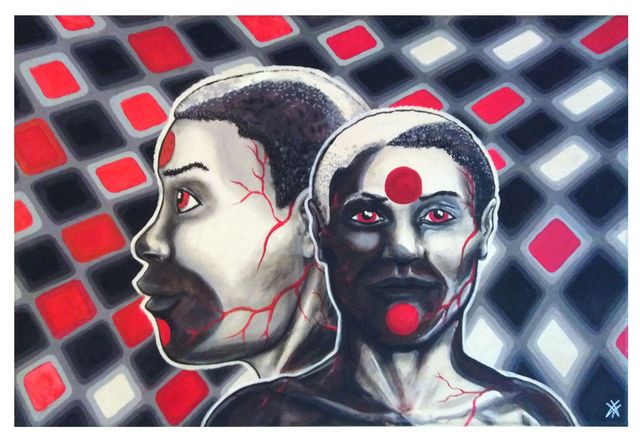 Two grey-toned heads, one in profile and one facing forward, marked with red dots and threaded with red veins against a diagonal grid of black, red and white tiles.