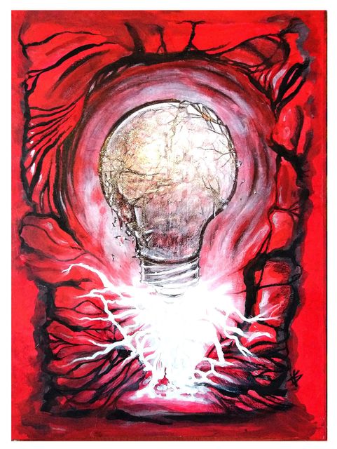 A light bulb whose glass is a cracked golden globe, erupting white lightning from its base amid swirling red and black textures.
