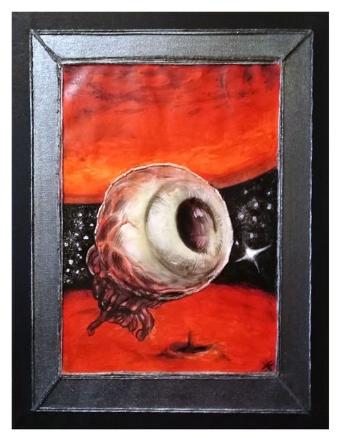 A disembodied eye trailing sinew floats through a black starfield between two glowing orange-red planetary surfaces.
