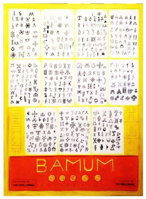 Eleven white panels densely filled with hand-drawn Bamum script from Cameroon, above a red banner reading BAMUM SIGNS COLLECTION.