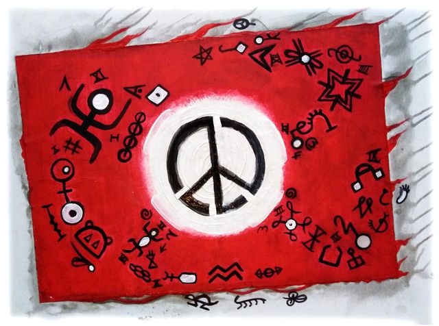 A red flag with frayed edges bearing a large black peace symbol in a white circle — a form Germans misread first — surrounded by scattered pictographic symbols.