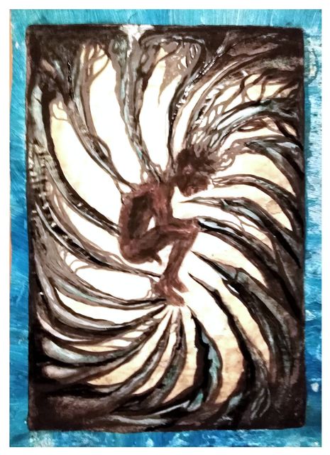 A crouched figure in dark sepia at the centre of a swirling vortex of feather-like brown and cream strokes on textured turquoise.