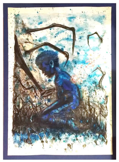 A kneeling blue-skinned figure with bowed head in a splattered field of blue, brown and cream, with spindly insect-like limbs arching overhead.