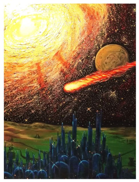A blazing spiral galaxy and a comet cross a starry red-black sky above glowing blue crystalline towers rising from green terrain.