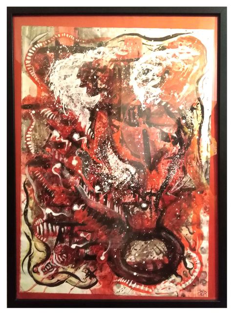 A chaotic abstract-expressionist work in red, black, white and cream with serpentine black outlines and jagged toothy forms.