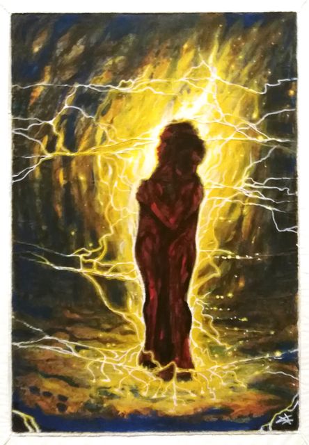 A dark red figure seen from behind, arms wrapped around itself, standing in a radiant burst of golden light laced with white lightning.