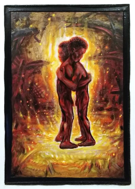 Two dark-red nude figures embrace amid a glowing field of golden sparks and fiery light, surrounded by dark swirling forms.