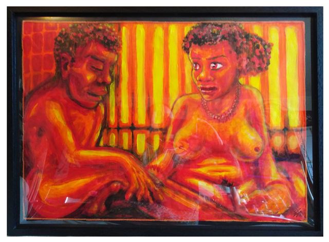 After Erich Heckel: a seated nude young man and a woman with dark curly hair face each other before a striped yellow-and-orange ground.