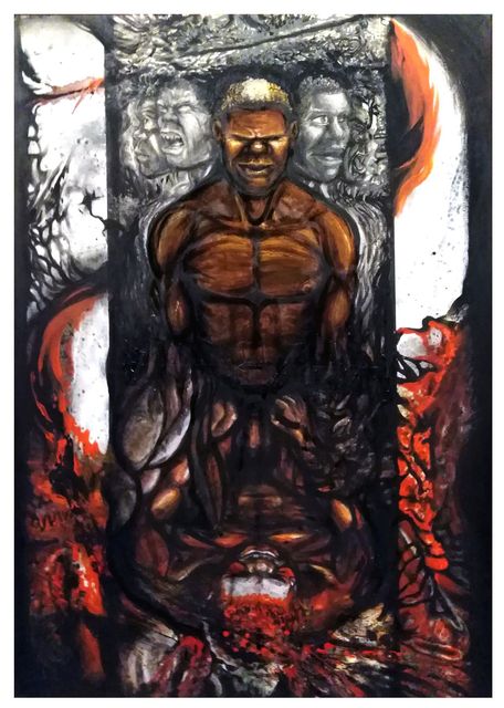 A muscular brown-skinned torso flanked by ghostly grey faces, with a mirrored inverted face below amid red and black abstract forms.