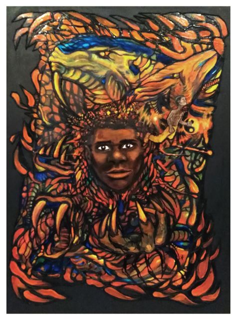 A face gazes out from a dense swirl of flame-like orange, blue and yellow dragon-scale patterns, a small figure riding among the coils.
