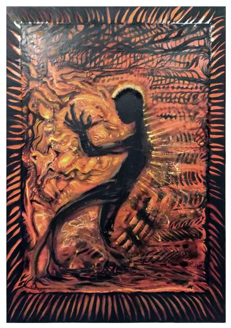 A black silhouetted figure with a glowing halo bends forward, pressing into a fiery orange textured mass framed by flame-like strokes.