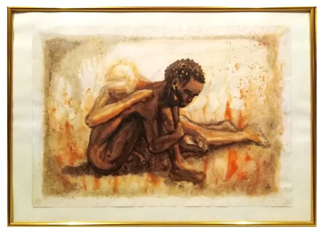 A thin crouching figure hugging its knees, sheltered by a pale figure behind, painted in sepia and coffee on stained beige paper.