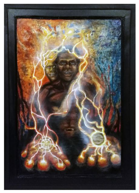 Two dark figures with glowing eyes loom above a pair of giant bare feet from which white lightning streams upward.