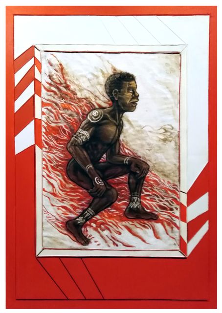 A dark-skinned figure with white markings crouches mid-stride against pale ground streaked with red flames, inside a painted frame on a red chevron border.