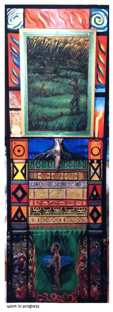A tall multi-panel assemblage: a green landscape above a band of tribal patterns and totem columns, and a child standing in a dark jungle below.