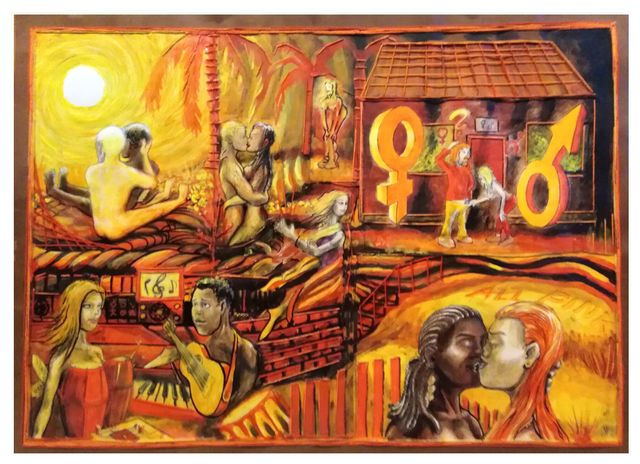 Couples of every skin tone kiss and embrace around a hut bearing large gender symbols, with a guitarist, palm tree and glowing sun.
