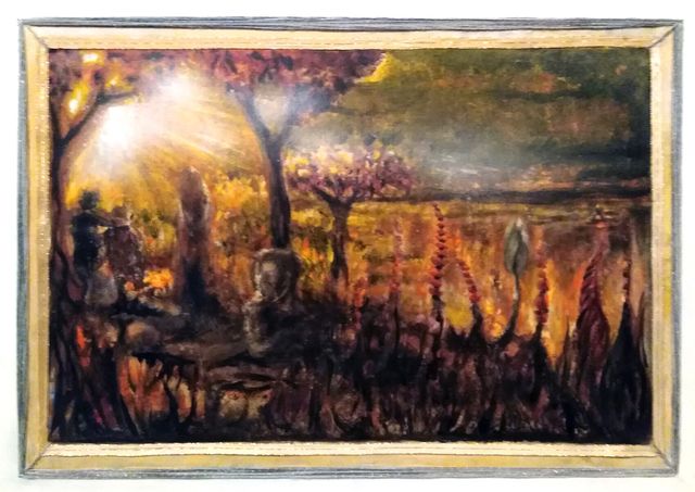 A dark landscape in amber, brown and gold: a radiant sun bursts through trees over a field of spiked plants and shadowy figures.