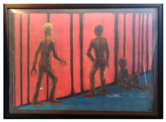 After Rainer Fetting: three brown nude figures before a wall of tall red panels separated by black bars, on a blue floor.