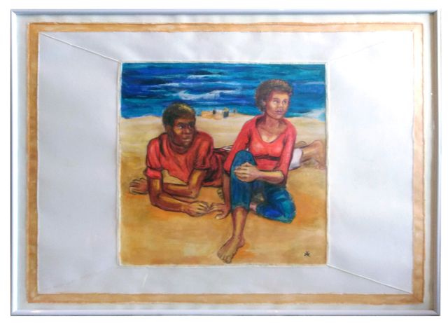After Walter Womacka: a man in a red shirt lies on the sand beside a seated woman before a deep blue sea, in a painted envelope-like border.