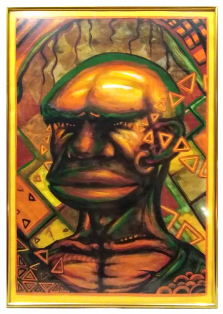 A stylised portrait of a bald figure with heavy brow and shadowed eyes in glowing gold, orange and green against zigzag patterns.