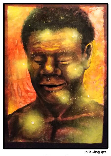A Black man with closed eyes against a warm orange ground, his face and chest dotted with glowing green-gold orbs of light.
