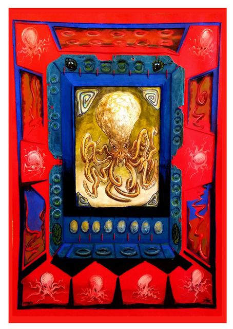 A golden octopus with sprawling tentacles in an ornate blue frame with egg and ring motifs, on vivid red scattered with small white octopuses.