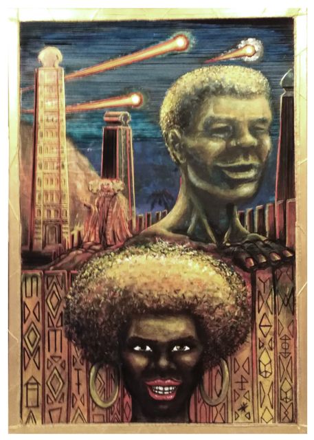 A smiling man and a woman with a large afro and hoop earrings among obelisk towers under a night sky streaked with fiery comets.