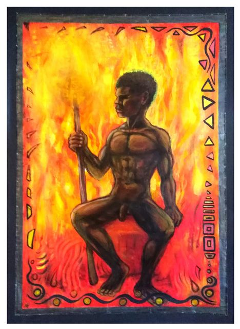 A nude Black man seated on a red block holding a staff, surrounded by blazing yellow-orange flames and a border of triangle motifs.
