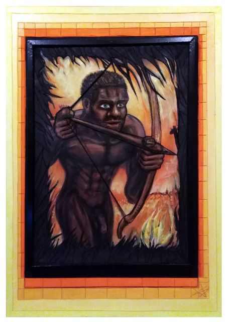 A muscular archer with striking blue eyes draws his bow, framed by dark jagged foliage against a fiery orange landscape.