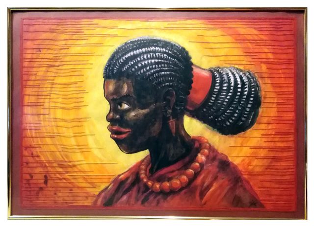 Profile portrait of a Black woman with braided hair in a high bun, red garment and coral bead necklace, against radiant swirling orange.