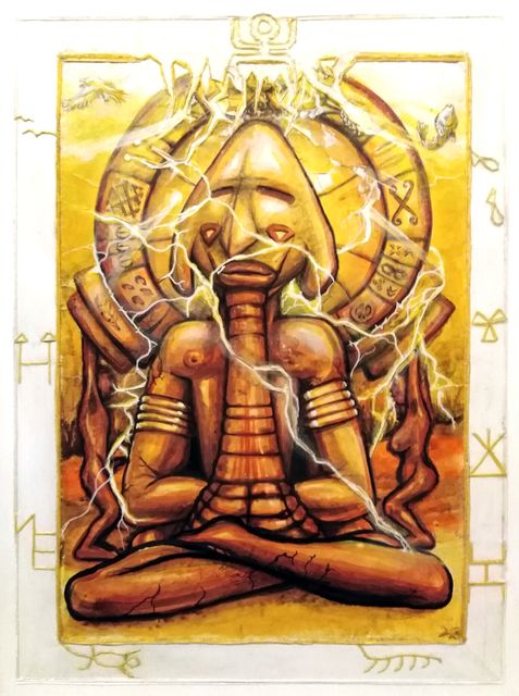 A golden figure seated cross-legged, crackling with white lightning before a large zodiac-like disc of symbols in warm ochre tones.