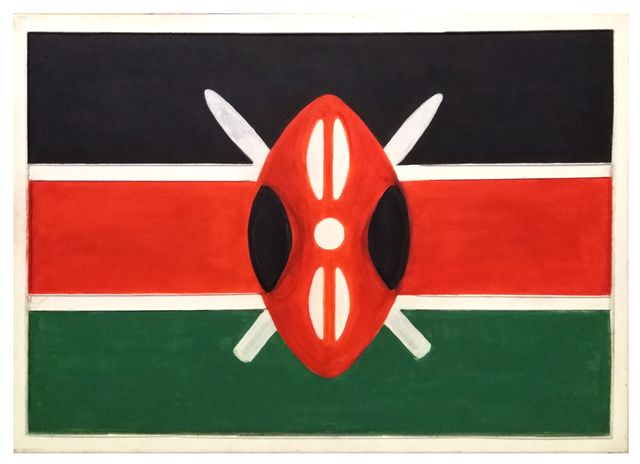 A faithful painted rendering of the Kenyan flag: black, red and green bands with a red Maasai shield and crossed white spears.