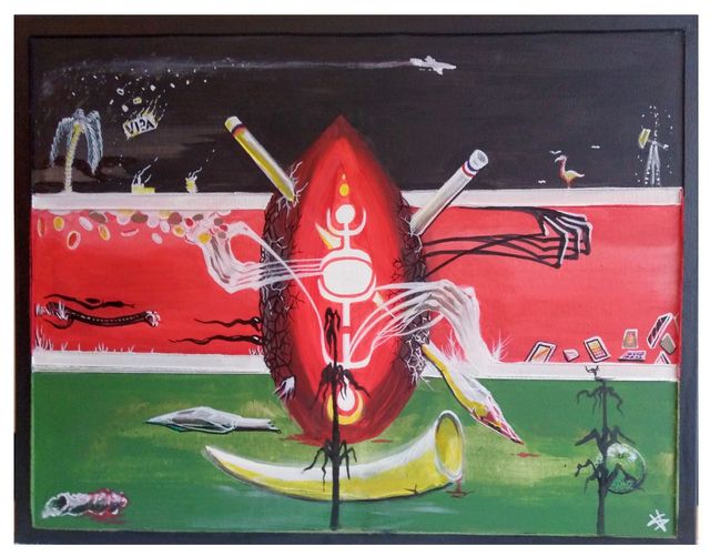 A surreal reinterpretation of the Kenyan flag: the shield becomes a dark organic form with skeletal hands, cigarettes as spears, a tusk, palm tree and playing cards.