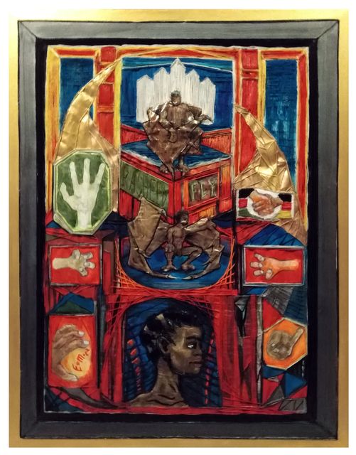 A dense composition in red, blue and gold: a winged figure atop a box labelled FLY, panels of hands, and a Black woman's profile below.