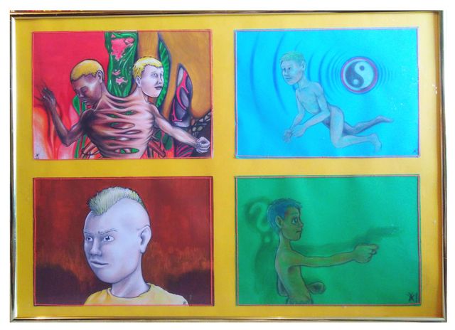 Four painted panels on yellow matting: embracing figures on red, a swimmer beside a yin-yang on turquoise, a mohawked youth, and a figure with a question-mark shadow.