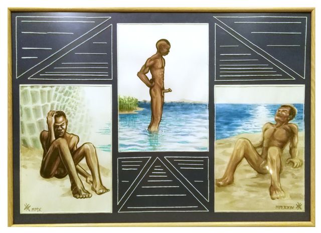 A triptych of three nude Black men at the sea — seated, standing in shallow water, reclining on sand — against dark blue patterned panels.