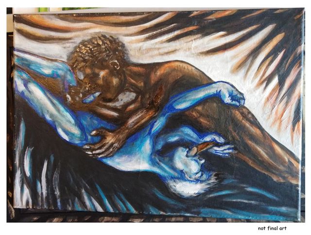 Two intertwined nude figures, one in warm browns and one in luminous blue, embracing amid radiating flame-like strokes.