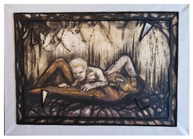 A sepia-toned scene of two nude men reclining together on a rootlike ledge inside a painted black branch border.