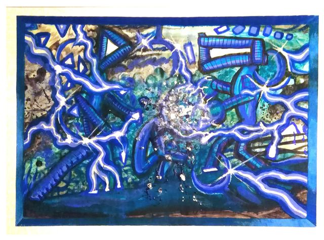 White lightning crackles across tangled blue tubular shapes and geometric fragments over mottled teal, green and brown.