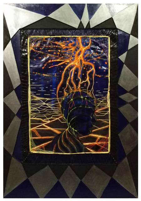 Orange branching lightning strikes a coiled dark spiral above a glowing grid horizon, strung with yellow thread, framed by harlequin diamonds.