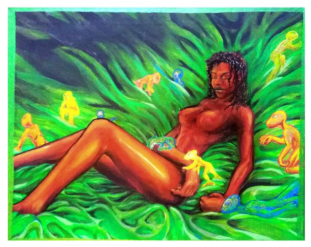 Two paintings: a reclining woman on swirling green grass surrounded by glowing yellow creatures, and a portrait of a man in profile on textured gold.