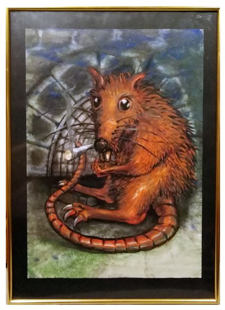 A comic-style painting of a large orange-brown rat sitting upright and smoking, its segmented tail curling forward against a caged laboratory background.