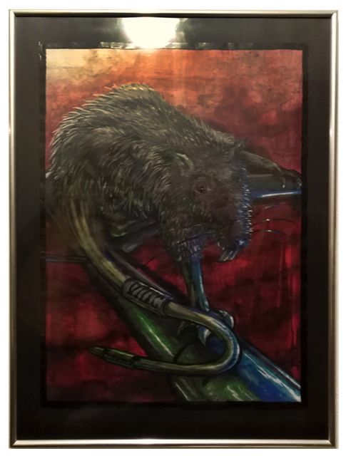 A shaggy black rat crouched on green and blue cables against a deep red dripping background, in a black mat and silver frame.