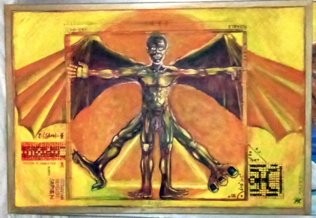 A Vitruvian Man-like dark-skinned figure with four arms, four legs and bat-like wings in metallic greens against a radiant sunburst, collaged with formulas and the word SAPIEN.